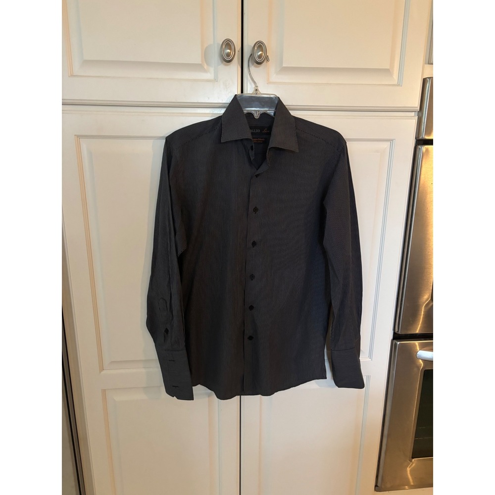 Tiglio Luxe Mens Dress Shirt 15 32/33 Black White Micro Grid French Cuff Cotton